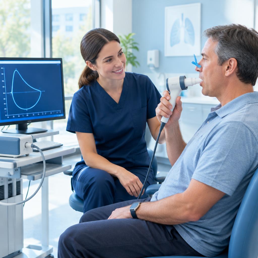 Respiratory scientist coaching a patient through a spirometry breathing test