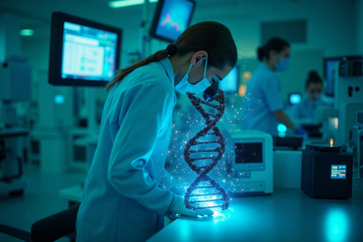 Advanced genomic analysis laboratory with DNA sequencing technology and precision medicine equipment